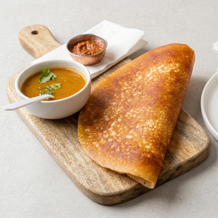 Crisp benne podi masala dosa with coconut and tomato chutney