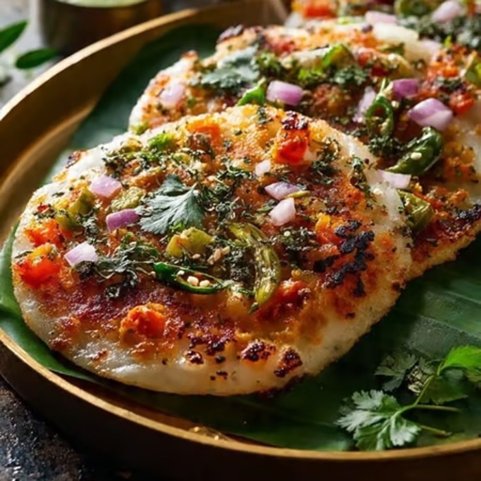 Onion uttapam on a banana leaf