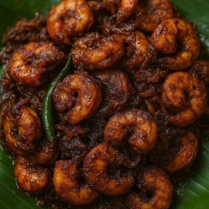 Prawn ghee roast on a banana leaf